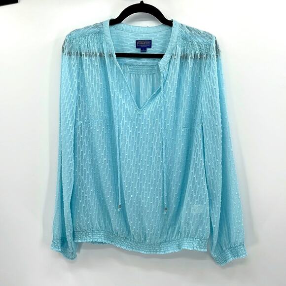 Pendleton Sheer Long Sleeve blouse with v-neck - Blue - Large - Picture 1 of 8